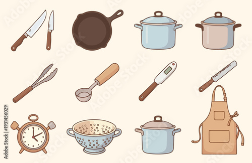 Vector Illustration Of A close up of a bunch of kitchen items on a table isolated on white background