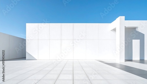 Modern White Architecture with Clear Blue Sky and Paved Courtyard.