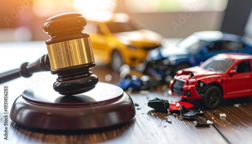Car Accident Lawsuit and Justice Concept with Gavel and Damaged Cars.