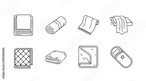 Collection of folded and rolled towels and bath accessories line art icons