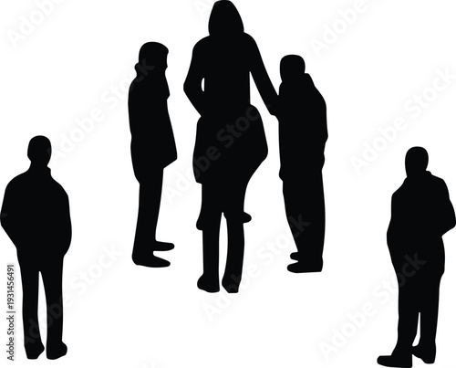 Flat vector illustration of five human silhouettes standing in different poses, group dynamics concept, minimalistic design, body language study