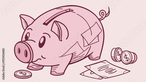 Pink Piggy Bank with Coins and Bills Hand Drawn Illustration.