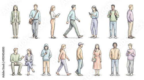 CAD People Outline Vector Set Standing Business Character Isolated Transparent Background