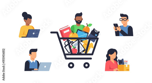 Diverse Online Shoppers with Full Shopping Cart: E-commerce, Digital Retail & Product Variety Concept