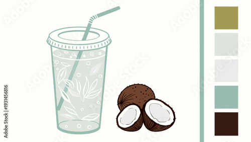 Refreshing coconut water in a clear cup with a straw next to whole and halved coconuts.