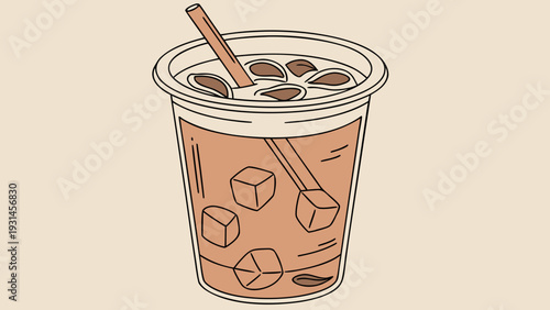 Refreshing Iced Coffee with Cinnamon Stick and Coffee Beans.