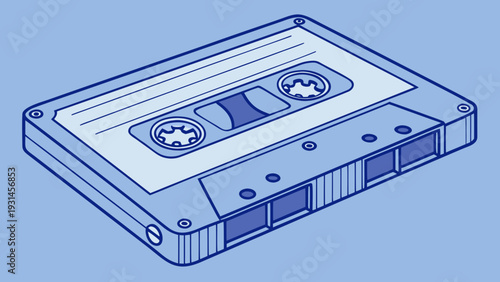 Retro Cassette Tape Illustration on Blue Background.