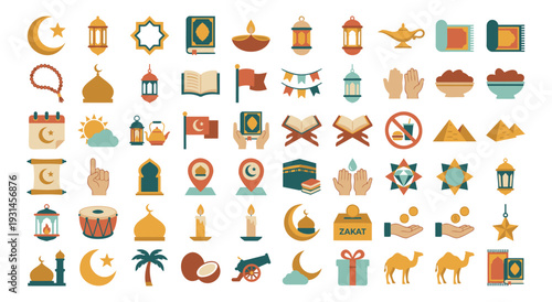 Collection of ramadan icons including mosque quran crescent dates and lanterns