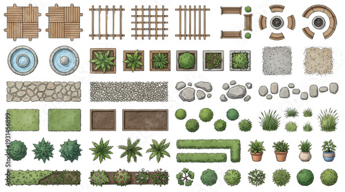 Top Down Landscape Garden Design Vector Pack with Furniture Pathway Fountain Plan Elements