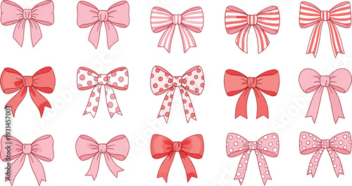 Cute Pink and Red Ribbon Bows Collection with Stripes and Polka Dot Patterns Decorative Feminine Vector Illustration Set