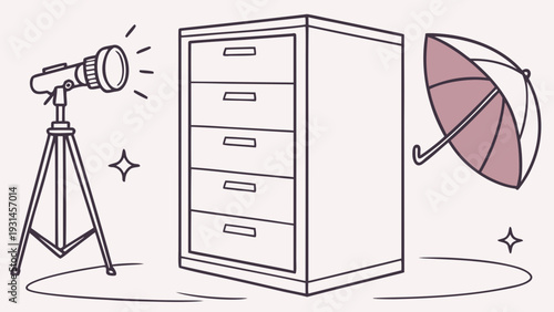 Telescope Filing Cabinet and Umbrella Illustration.