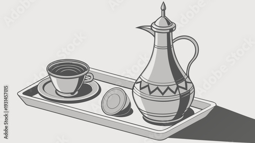 Traditional Arabic Coffee Pot and Cup on a Tray.