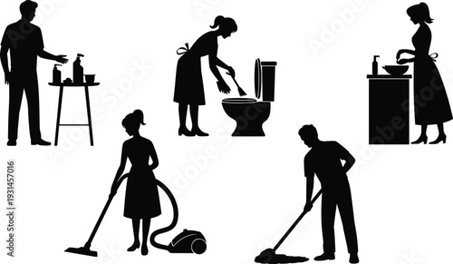 Flat vector illustration of people cleaning activities, household hygiene tasks with silhouettes, vacuuming, mopping, scrubbing, washing, sanitation design concept
