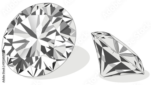 Two brilliant cut diamonds one viewed from above and one from the side showcasing their facets and sparkle.