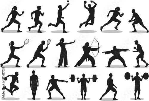 WebFlat vector illustration of sports silhouettes, athletes in diverse physical activities, fitness exercise poses, competitive games, dynamic movement design concept