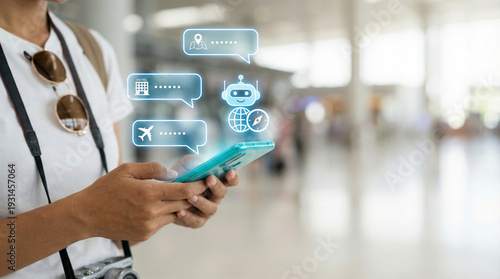 Traveler Using AI Chatbot Assistant on Smartphone for Flight and Hotel Booking, Artificial Intelligence Virtual Concierge for Travel Planning and Navigation Concept