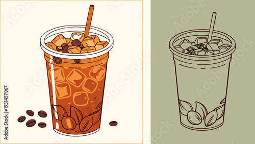 Two refreshing iced coffee drinks one with coffee beans and ice cubes the other with blueberries and mint leaves in a vibrant illustration style.