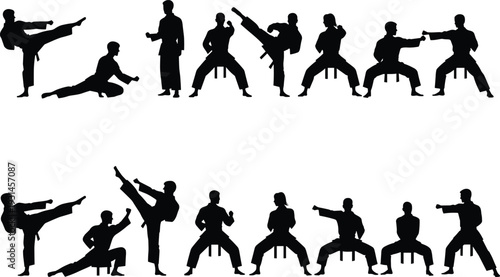 Flat vector martial arts silhouettes, fighters training, karate poses, taekwondo kicks, self defense stances, combat practice, sports discipline, action design