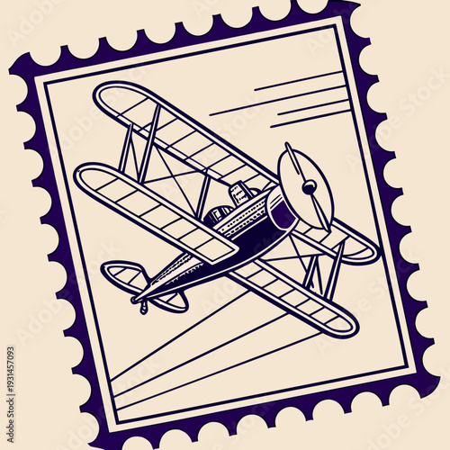 Vintage Biplane Postage Stamp Illustration.