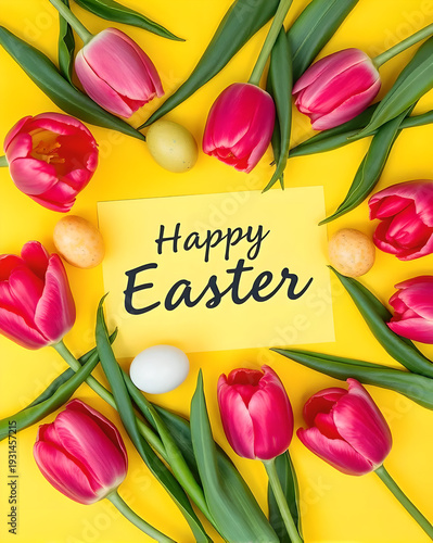 Happy Easter Handwritten Card with Tulips and Colorful Eggs on Yellow Background