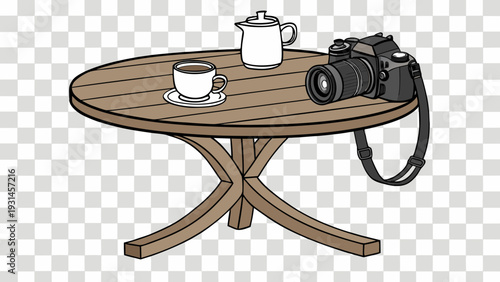 Camera and coffee cup on a wooden table.