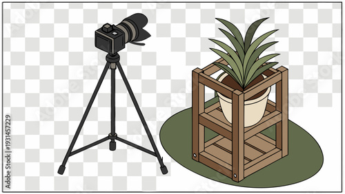 Camera on tripod next to a plant in a pot on a wooden stand.