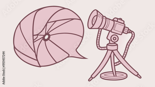 Camera on tripod with speech bubble containing aperture blades.
