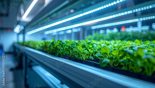 Indoor Vertical Farming with LED Lights Sustainable Agriculture Healthy Food Production Modern Technology in Farming.