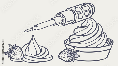 Delicious whipped cream and fresh strawberries with a piping bag.