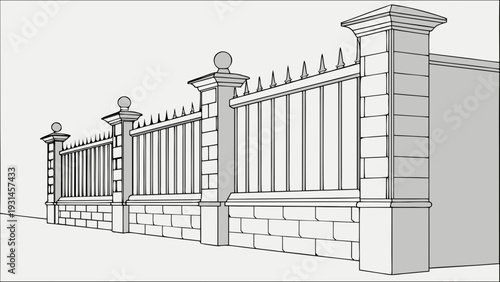 Detailed architectural sketch of a classic stone and iron fence with ornate pillars and spires showcasing traditional design and robust construction.