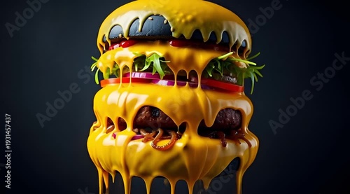 Gourmet Beef Burger with Black Charcoal Bun and Melting Cheddar Cheese Sauce Dripping Down