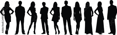 Set of diverse business people silhouettes including men and women in professional suits standing in various poses flat vector (20 words)