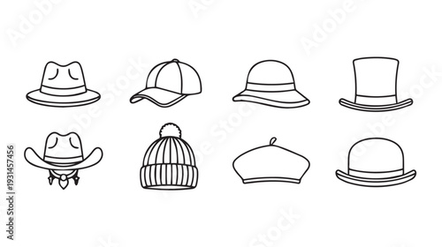 Collection of Hat Icons: Baseball Cap Fedora Beanie Beret Cowboy Top Hat
