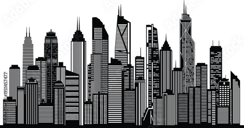 City skyline silhouette, urban architecture, modern skyscrapers, high rise buildings, metropolitan view, architectural diversity, illustration, black outline design, urban development, horizon