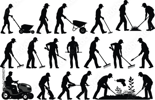 Set of gardener silhouettes featuring men mowing lawn, raking leaves, using wheelbarrows, and hedge trimming isolated on white background flat vector (20 words)