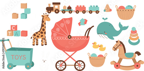 Cute Baby Toys Collection Vector Illustration with Stroller Whale Rocking Horse Blocks Train and Nursery Play Elements