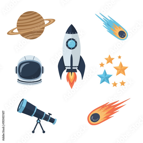 Space Exploration Elements Featuring Astronaut, Rocket, Telescope, Planet, and Stars in a Cosmic Scene from a Flat Design Perspective