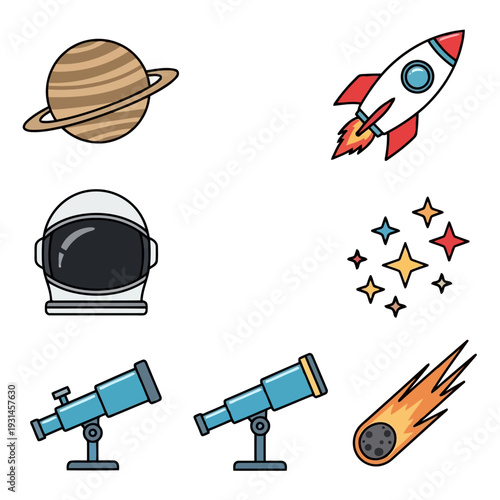 Illustrations of space elements including planets and rockets viewed from Earth through telescopes