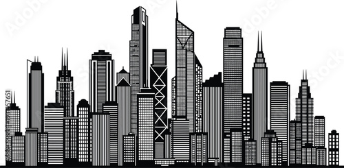 City skyline silhouette, urban landscape, modern skyscrapers, high rise buildings, architectural diversity, metropolitan view, black outline design, cityscape illustration, urban development