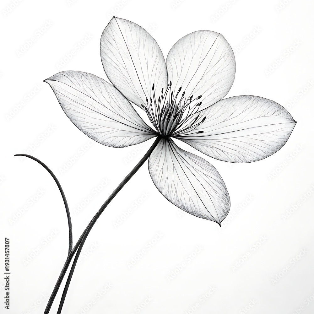 Obraz premium Minimalist line drawing elegant single flower bloom white petals sketch art illustration isolated