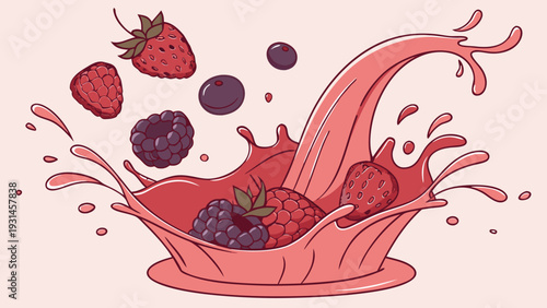 Fresh Berries Splashing into Delicious Pink Liquid.