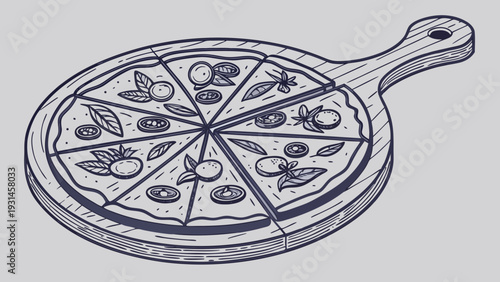 Handdrawn pizza on a wooden board vintage style illustration of sliced pizza with toppings.