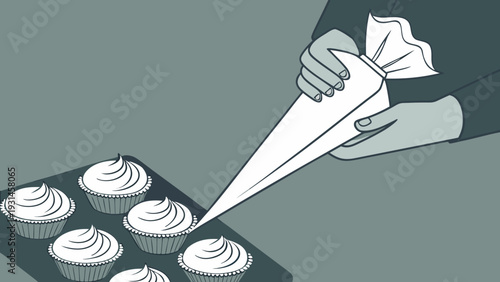 Hands Decorating Cupcakes with Icing from a Pastry Bag.