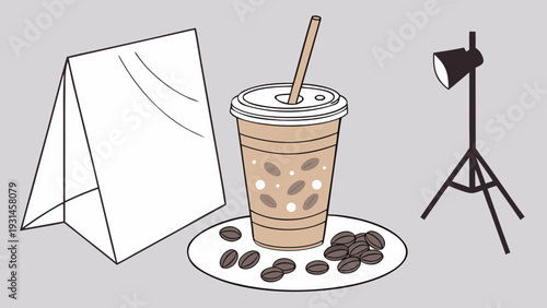 Iced Coffee with Coffee Beans and a Menu Board.