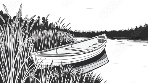 Black and White Illustration of a Rowboat Resting Among Tall Grass