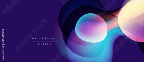 Abstract fluid shapes overlap, creating vibrant color gradients. Design features purple, blue, yellow hues. Modern background element.