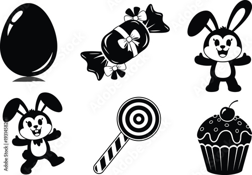 Black and white of an egg, lollipop, two bunnies, candy cane, and cupcake bunny