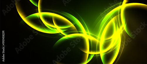 Abstract luminous swirls, vibrant yellow, green hues dominate dark background. Dynamic energy radiates from flowing forms.
