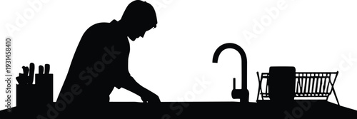 Kitchen silhouette illustration, person washing dishes, domestic scene, household chores, cooking preparation, sink faucet, dish rack, utensils, black outline design, home interior
