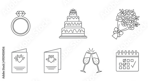 Wedding celebration flat icons set, collection of engagement ring, cake, bouquet, invitations, champagne glasses, and calendar for marriage event planning, romantic vector symbols